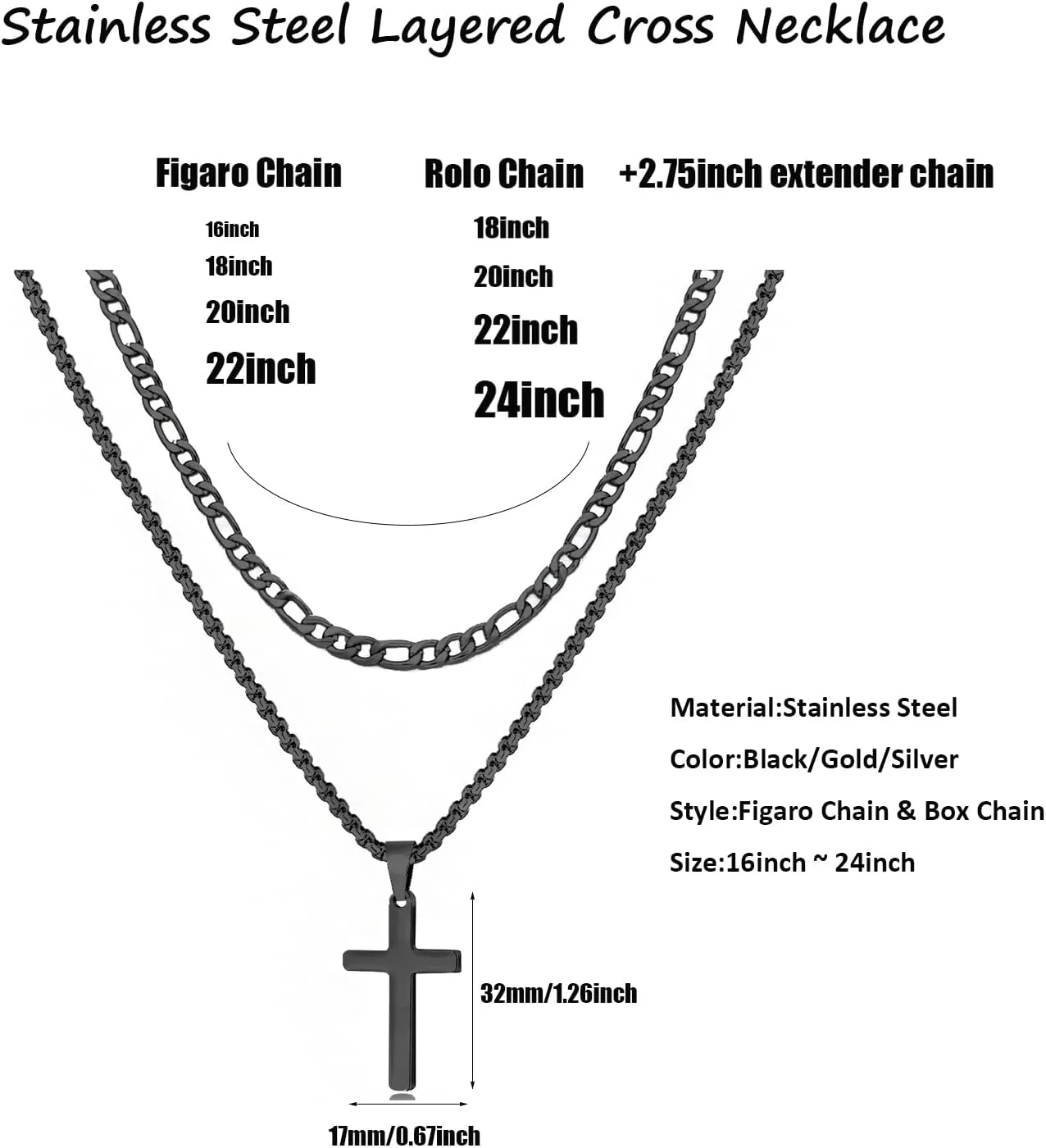 INENIMARTJ Layered Cross Necklace for Men,Stainless Steel Cross Pendant Necklaces Layered Figaro Chain Rolo Chain Faith Cross Necklace for Women 16 18 20 22 24 Inches Necklaces