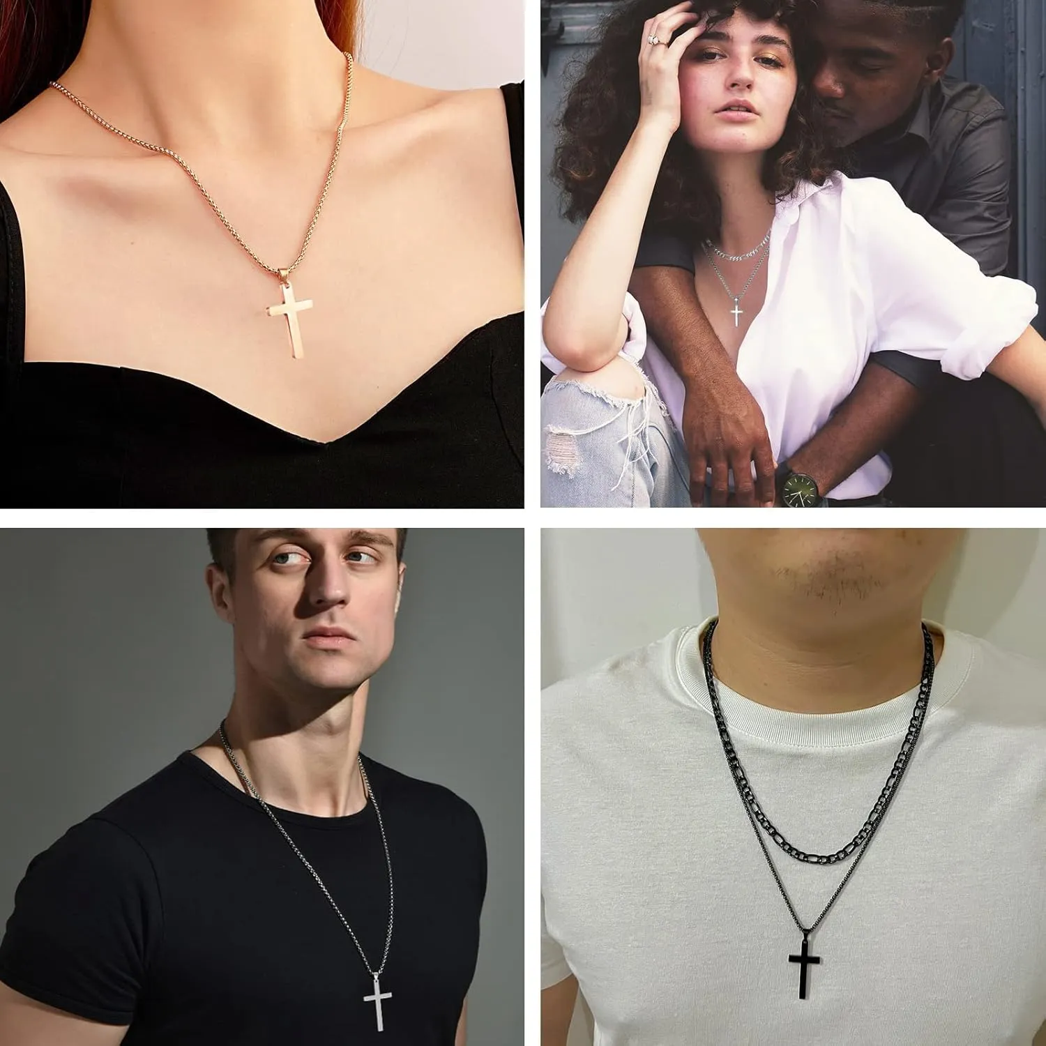 INENIMARTJ Layered Cross Necklace for Men,Stainless Steel Cross Pendant Necklaces Layered Figaro Chain Rolo Chain Faith Cross Necklace for Women 16 18 20 22 24 Inches Necklaces