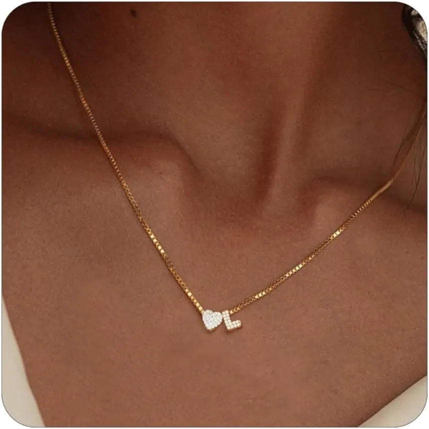 Initial Necklaces for Women,14K Gold Plated Dainty CZ Heart & A-Z Letter Charm Gold Necklace for Women Trendy Personalized Name Necklaces Gold Jewelry Birthday Gifts for Her