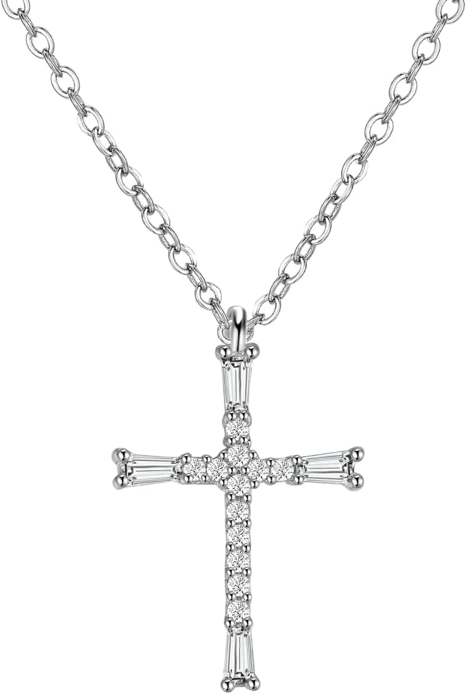 JENDEAR Dainty Necklaces for Women, 925 Sterling Sliver Necklace Cubic Zirconia Cross Pendant Trendy Jewelry Gifts