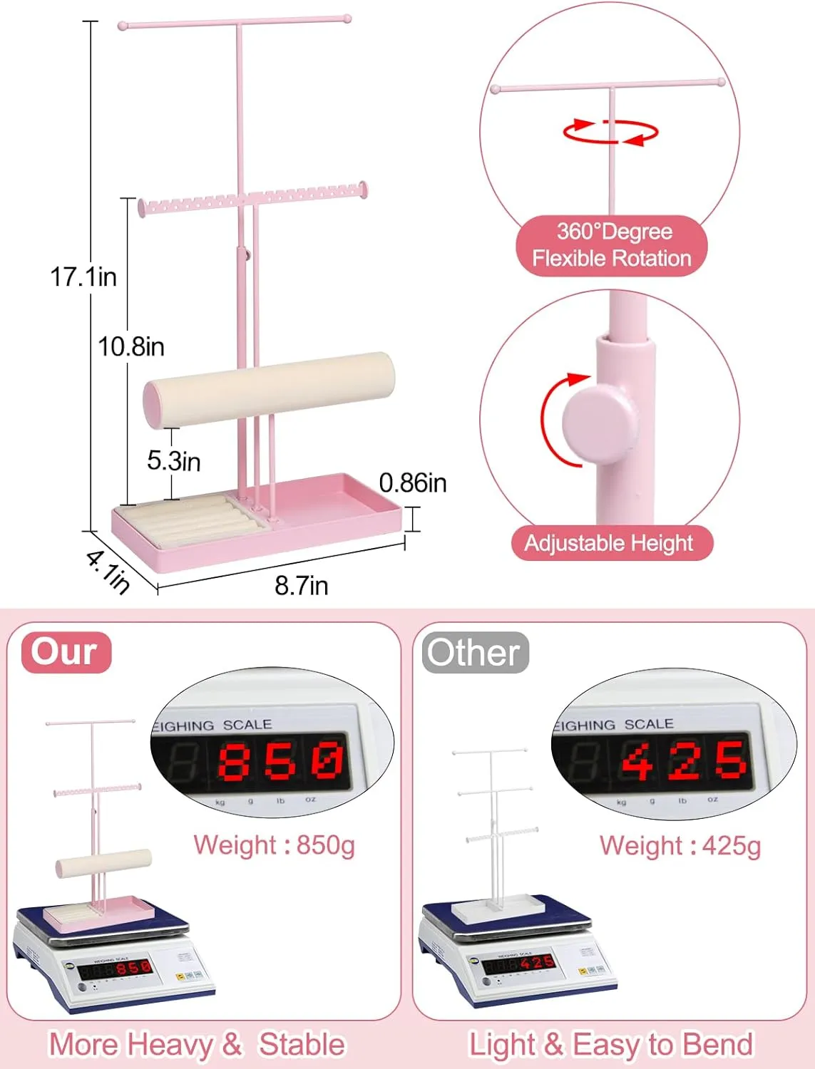 Jenseits Jewelry Holder Stand Organizer, 3-Tier Necklace Holder w/Bracelet Holder Display & Velvet Rings Tray, Pink Jewelry Organizer for Women Girls, Cute Aesthetic Jewelry Hanger Tower Storage Rack