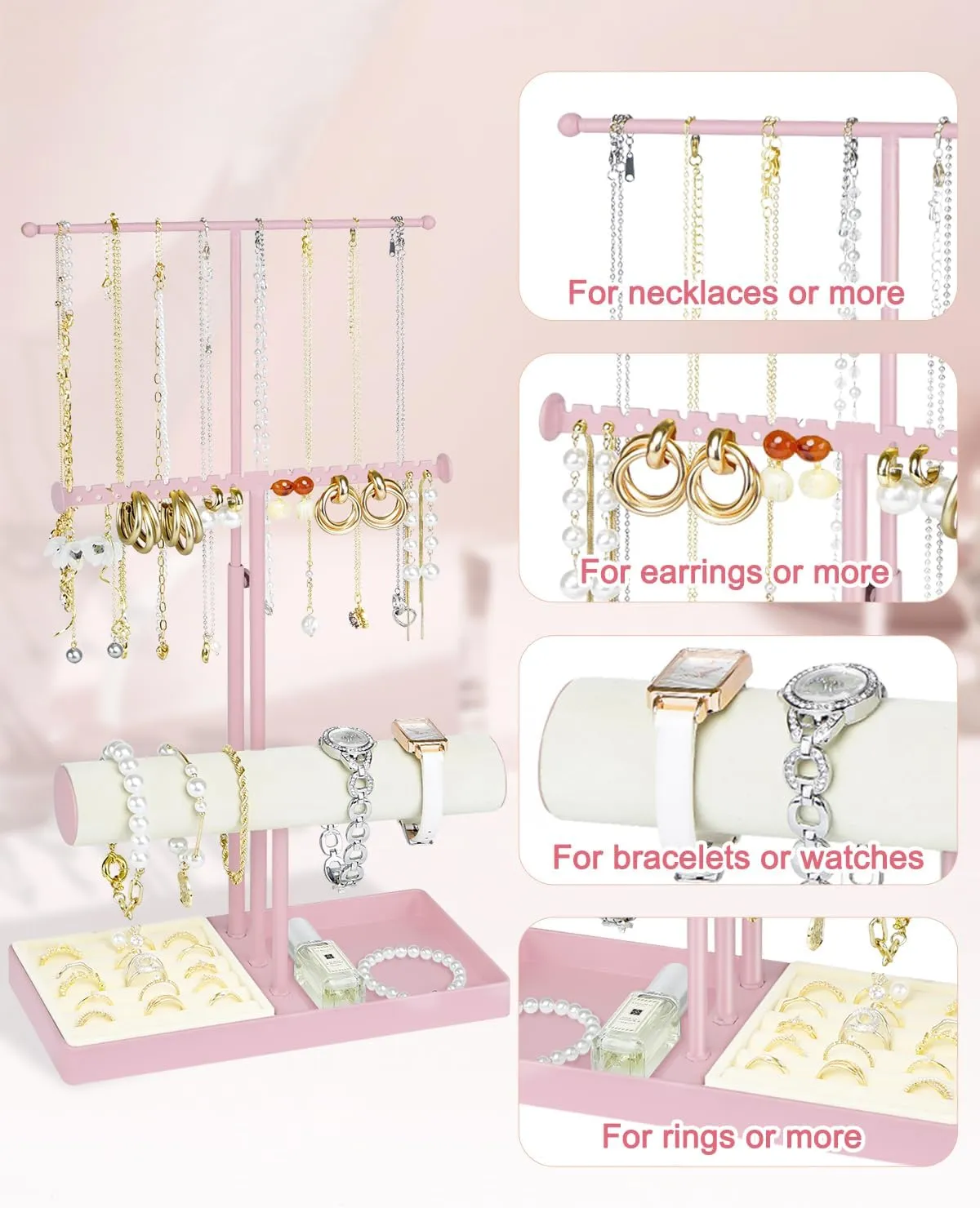 Jenseits Jewelry Holder Stand Organizer, 3-Tier Necklace Holder w/Bracelet Holder Display & Velvet Rings Tray, Pink Jewelry Organizer for Women Girls, Cute Aesthetic Jewelry Hanger Tower Storage Rack