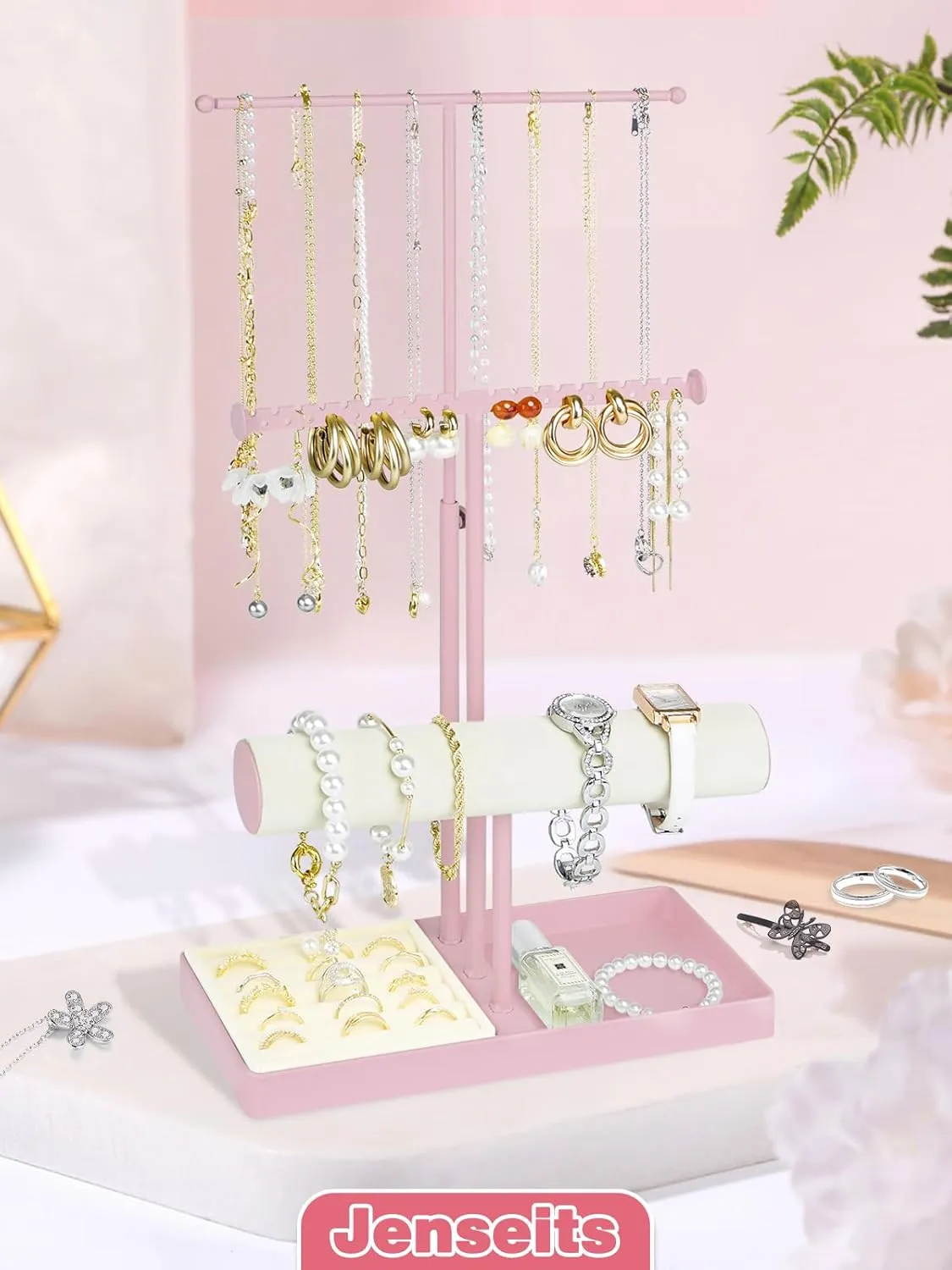 Jenseits Jewelry Holder Stand Organizer, 3-Tier Necklace Holder w/Bracelet Holder Display & Velvet Rings Tray, Pink Jewelry Organizer for Women Girls, Cute Aesthetic Jewelry Hanger Tower Storage Rack