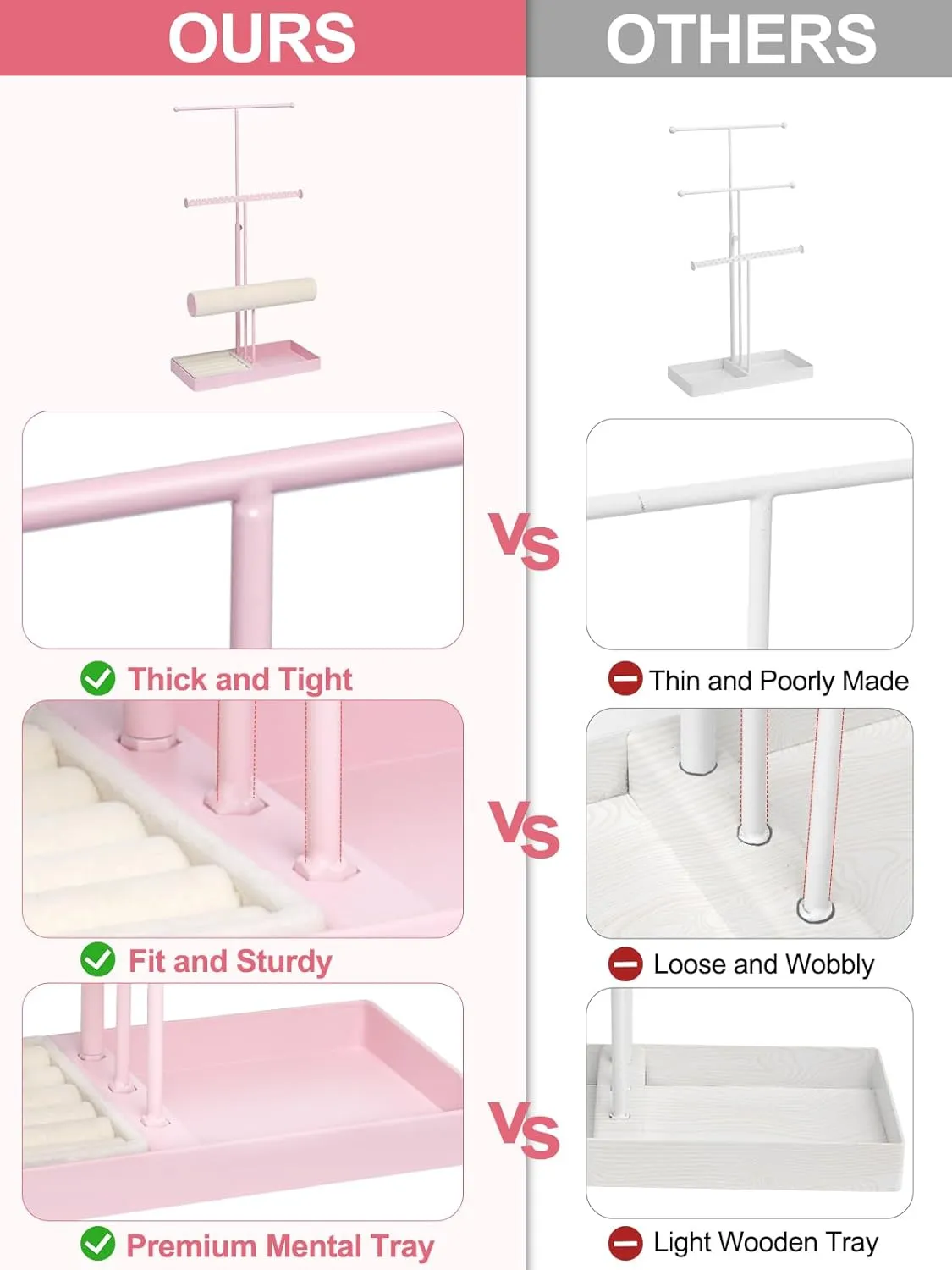 Jenseits Jewelry Holder Stand Organizer, 3-Tier Necklace Holder w/Bracelet Holder Display & Velvet Rings Tray, Pink Jewelry Organizer for Women Girls, Cute Aesthetic Jewelry Hanger Tower Storage Rack