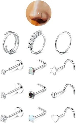 JeryWe Gold Nose Rings for Women - 14K Gold Filled Hypoallergenic Surgical Steel Nose Ring Hoops CZ Opal Lip Ring Screw L Shaped Studs Threadless Flat Back Stud Nose Piercings Jewelry for Women Men