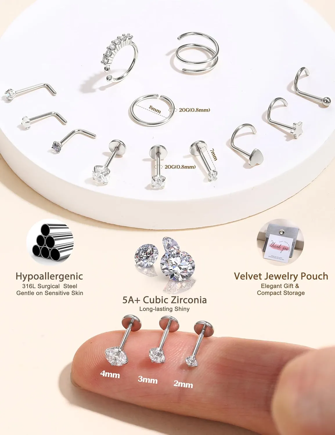 JeryWe Gold Nose Rings for Women - 14K Gold Filled Hypoallergenic Surgical Steel Nose Ring Hoops CZ Opal Lip Ring Screw L Shaped Studs Threadless Flat Back Stud Nose Piercings Jewelry for Women Men