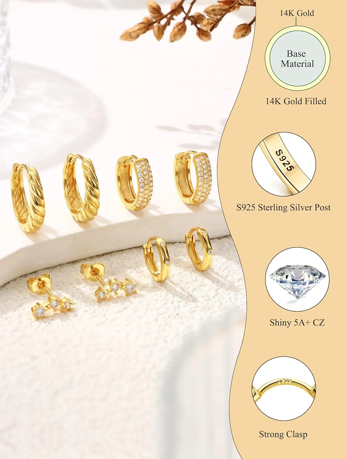 JeryWe Hypoallergenic Gold Hoop Earrings for Women S925 Sterling Silver Post Chunky Cartilage Earring Stacks Non Tarnish 14K Gold Filled Small Hoops Stud Set Jewelry