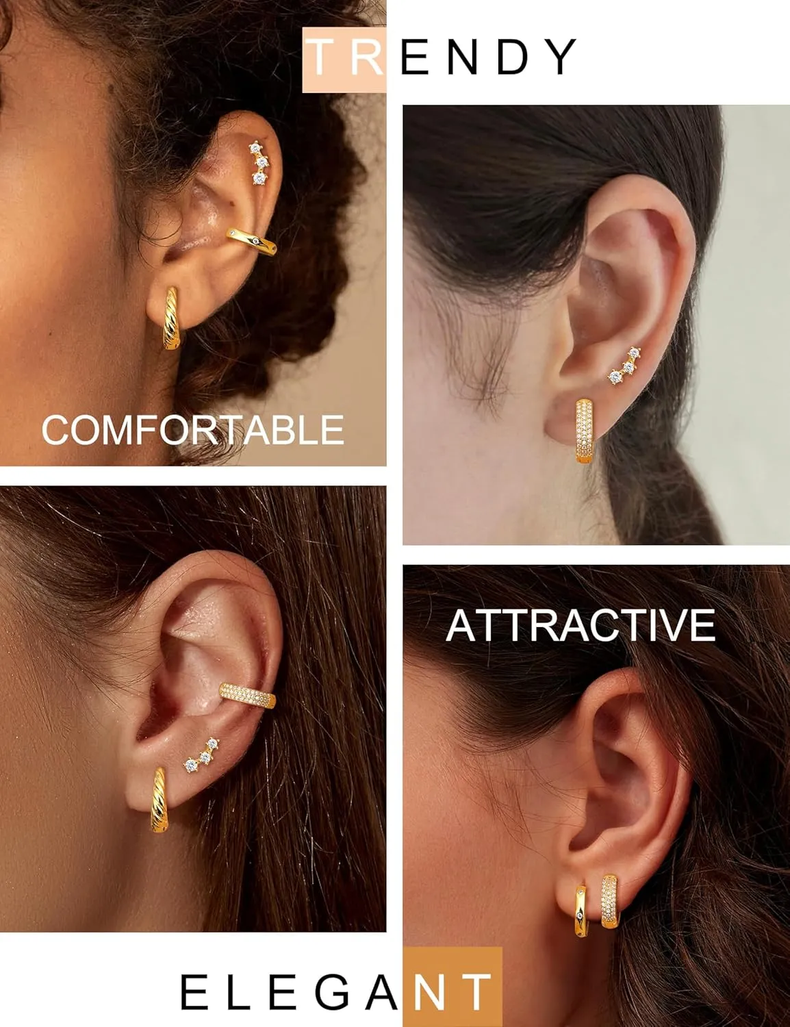 JeryWe Hypoallergenic Gold Hoop Earrings for Women S925 Sterling Silver Post Chunky Cartilage Earring Stacks Non Tarnish 14K Gold Filled Small Hoops Stud Set Jewelry