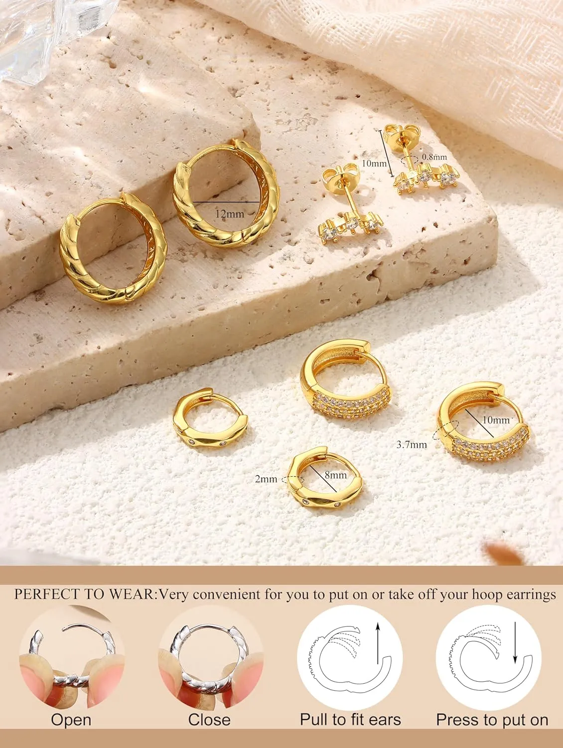 JeryWe Hypoallergenic Gold Hoop Earrings for Women S925 Sterling Silver Post Chunky Cartilage Earring Stacks Non Tarnish 14K Gold Filled Small Hoops Stud Set Jewelry