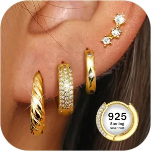 JeryWe Hypoallergenic Gold Hoop Earrings for Women S925 Sterling Silver Post Chunky Cartilage Earring Stacks Non Tarnish 14K Gold Filled Small Hoops Stud Set Jewelry