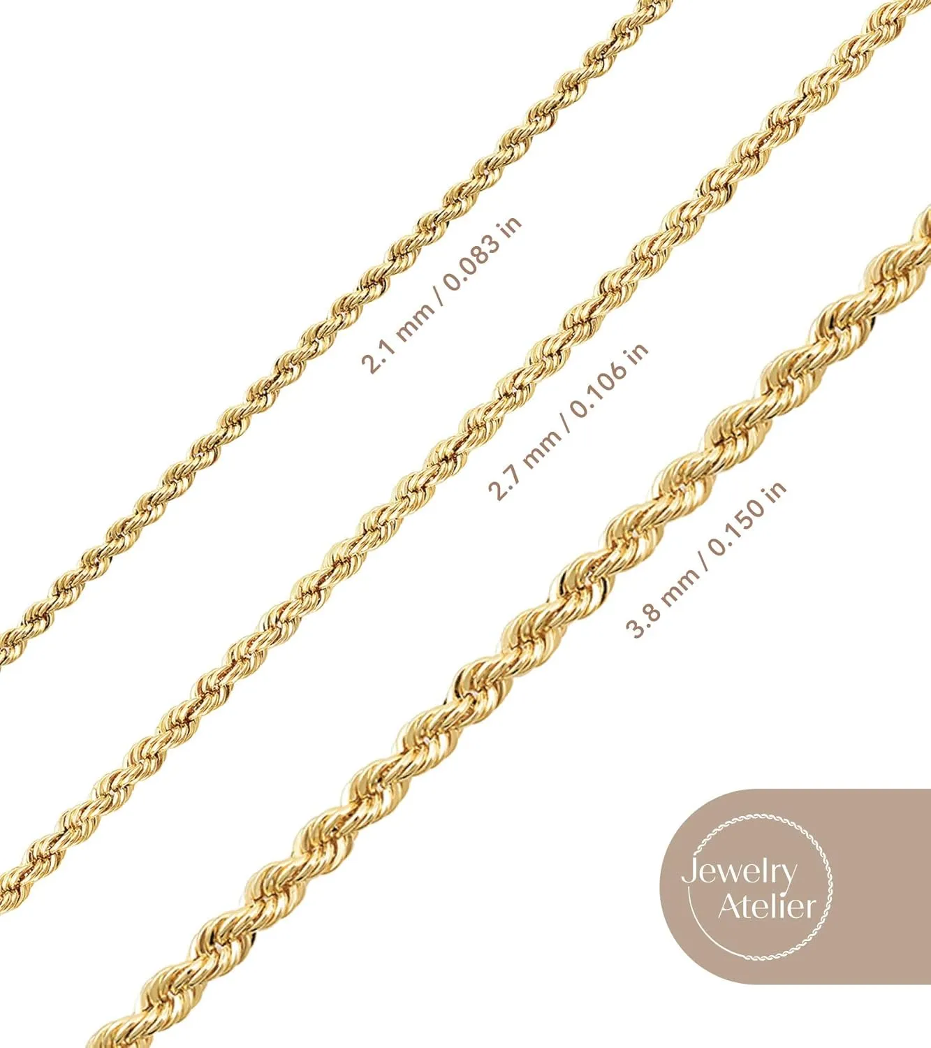 Jewelry Atelier Gold Chain Necklace Collection - 14K Solid Yellow Gold Filled Rope Chain Necklaces for Women and Men with Different Sizes (2.1mm, 2.7mm, or 3.8mm)