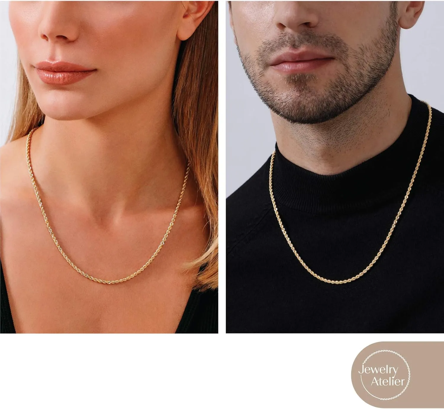 Jewelry Atelier Gold Chain Necklace Collection - 14K Solid Yellow Gold Filled Rope Chain Necklaces for Women and Men with Different Sizes (2.1mm, 2.7mm, or 3.8mm)