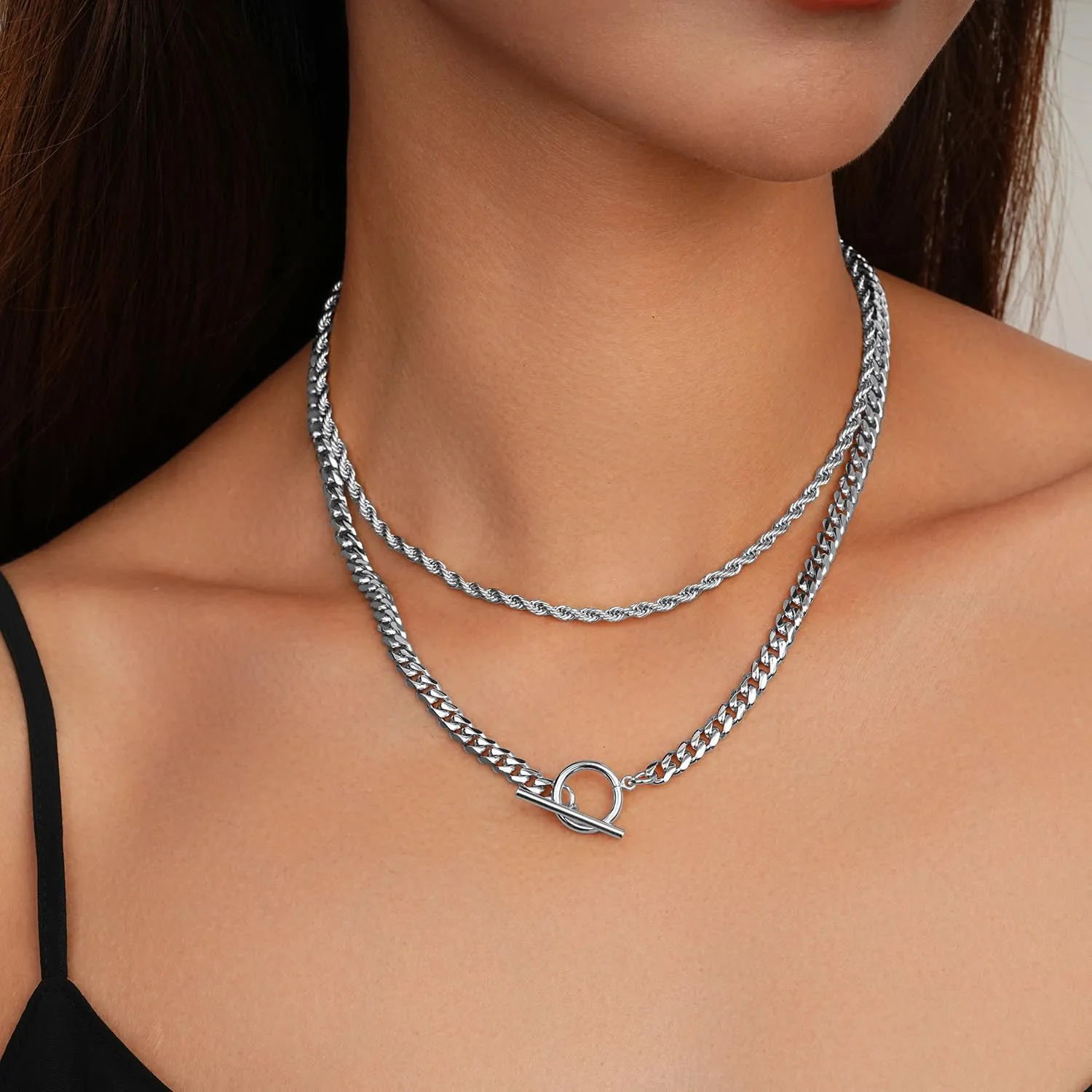 Jewlpire Gifts for Women Dainty Toggle Clasp Pendant Necklaces for Women, Silver / 14K Plated Gold Layered Necklaces for Women, Herringbone Necklace Cuban Link Paperclip Chain Jewelry for Women