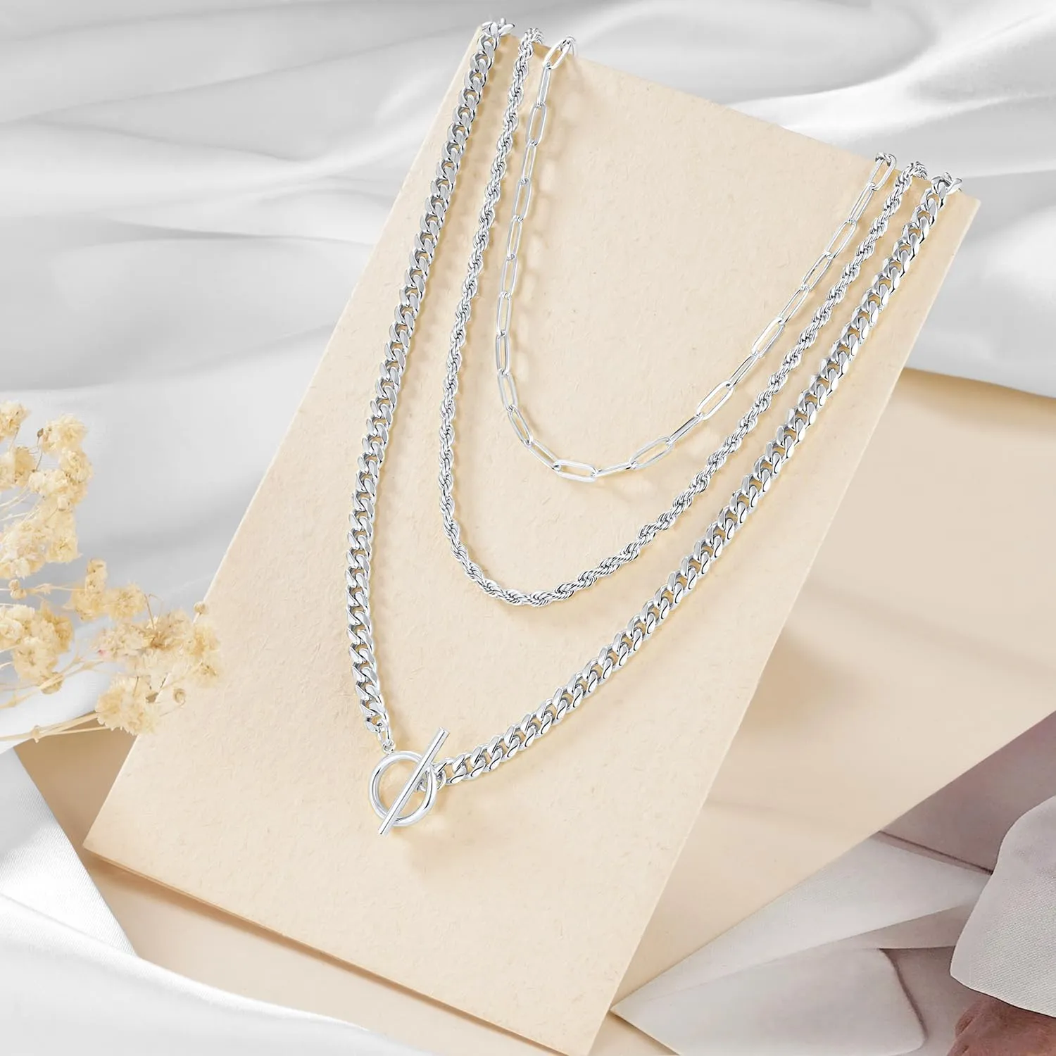 Jewlpire Gifts for Women Dainty Toggle Clasp Pendant Necklaces for Women, Silver / 14K Plated Gold Layered Necklaces for Women, Herringbone Necklace Cuban Link Paperclip Chain Jewelry for Women