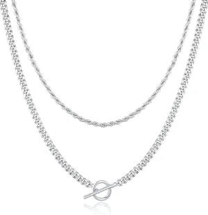Jewlpire Gifts for Women Dainty Toggle Clasp Pendant Necklaces for Women, Silver / 14K Plated Gold Layered Necklaces for Women, Herringbone Necklace Cuban Link Paperclip Chain Jewelry for Women