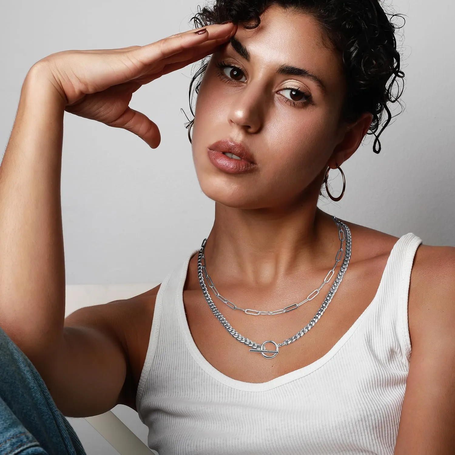 Jewlpire Gifts for Women Dainty Toggle Clasp Pendant Necklaces for Women, Silver / 14K Plated Gold Layered Necklaces for Women, Herringbone Necklace Cuban Link Paperclip Chain Jewelry for Women