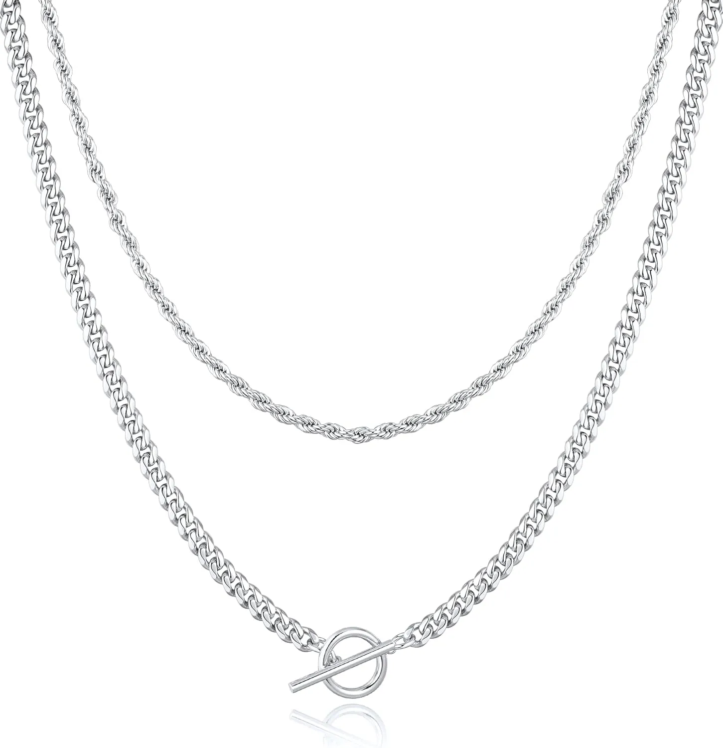 Jewlpire Gifts for Women Dainty Toggle Clasp Pendant Necklaces for Women, Silver / 14K Plated Gold Layered Necklaces for Women, Herringbone Necklace Cuban Link Paperclip Chain Jewelry for Women