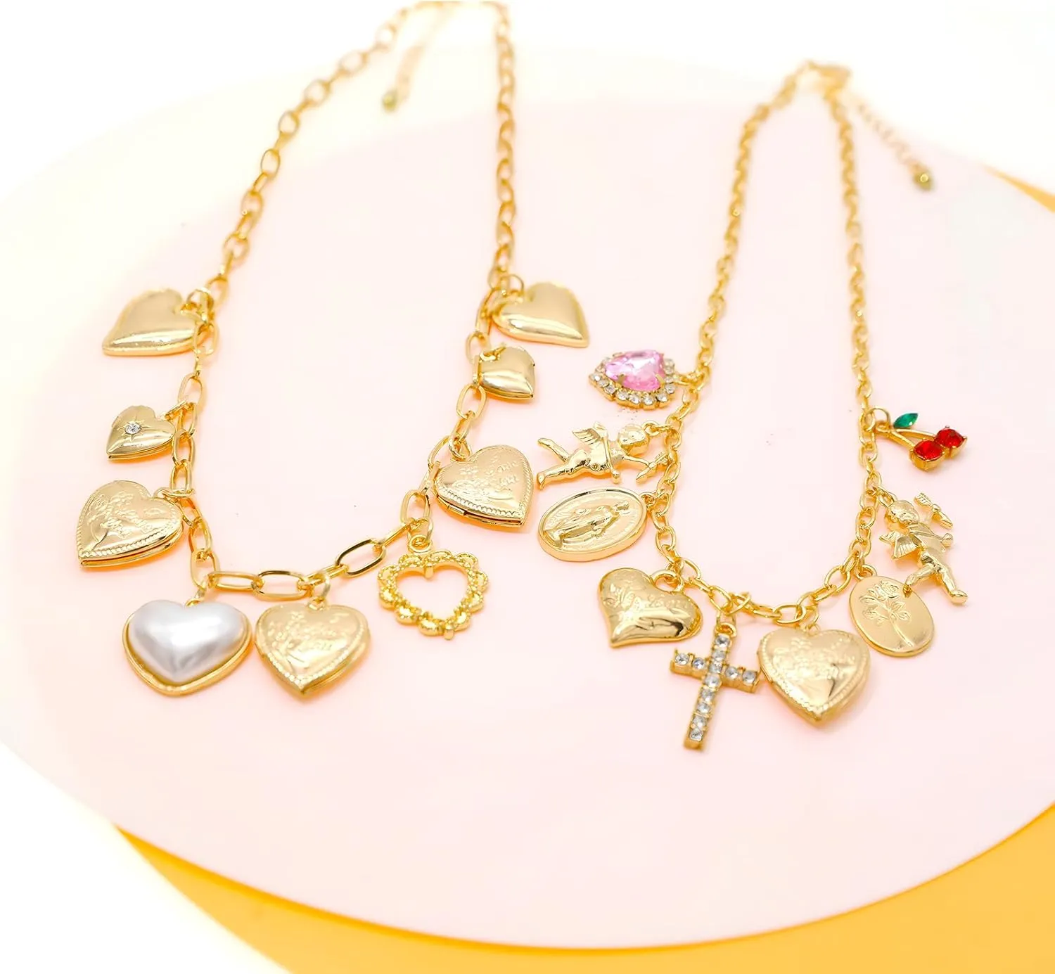 JNF Chunky Layer Heart Charm Necklace for Women Boho Heart Sun Flower Key Coins Charms Necklaces Paperclip Link Chain Necklace Y2K Statement Jewelry