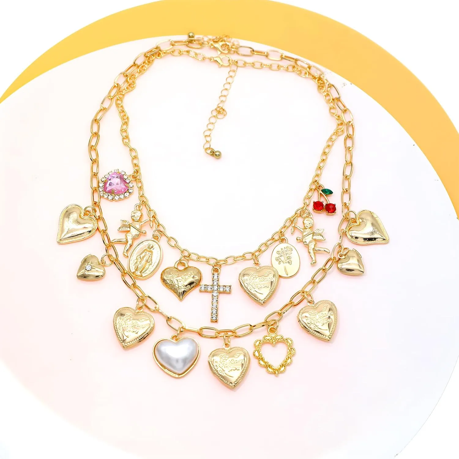 JNF Chunky Layer Heart Charm Necklace for Women Boho Heart Sun Flower Key Coins Charms Necklaces Paperclip Link Chain Necklace Y2K Statement Jewelry