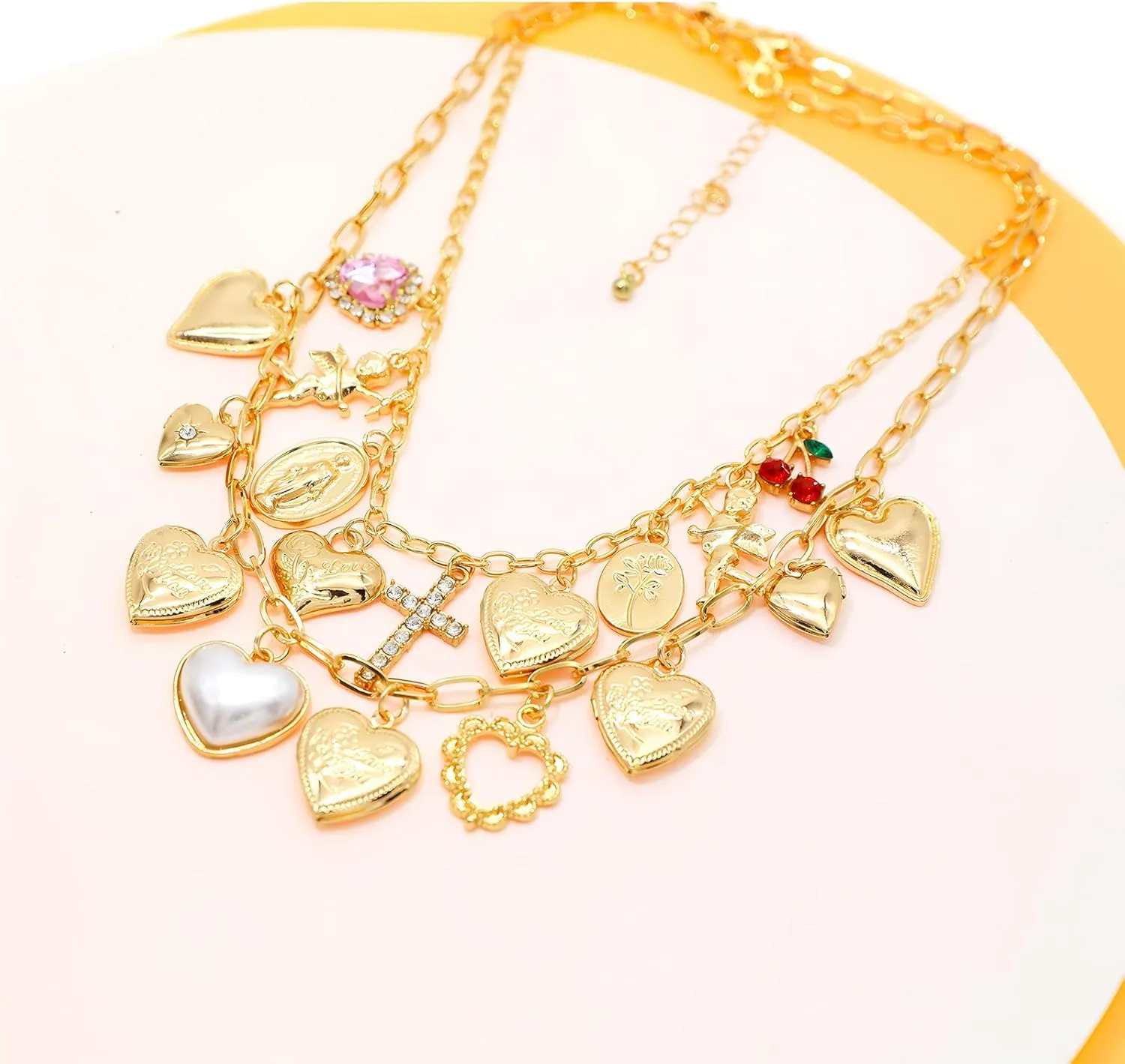 JNF Chunky Layer Heart Charm Necklace for Women Boho Heart Sun Flower Key Coins Charms Necklaces Paperclip Link Chain Necklace Y2K Statement Jewelry