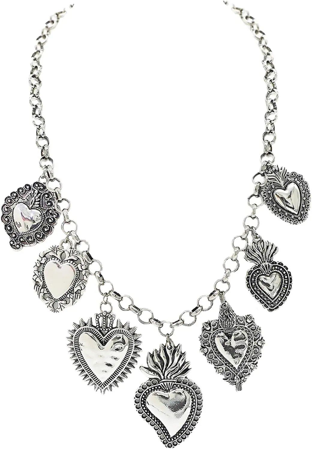 JNF Chunky Layer Heart Charm Necklace for Women Boho Heart Sun Flower Key Coins Charms Necklaces Paperclip Link Chain Necklace Y2K Statement Jewelry