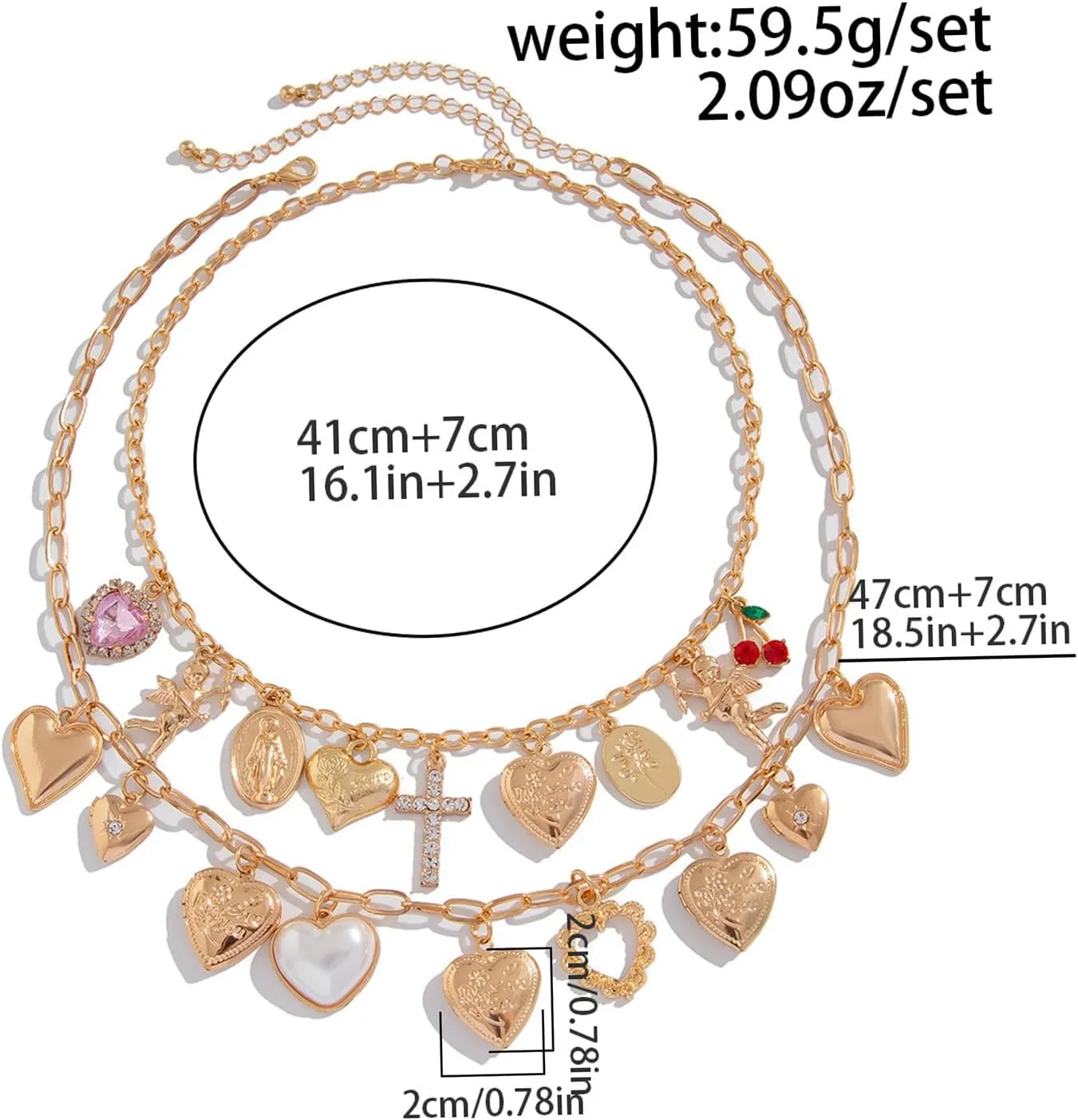 JNF Chunky Layer Heart Charm Necklace for Women Boho Heart Sun Flower Key Coins Charms Necklaces Paperclip Link Chain Necklace Y2K Statement Jewelry