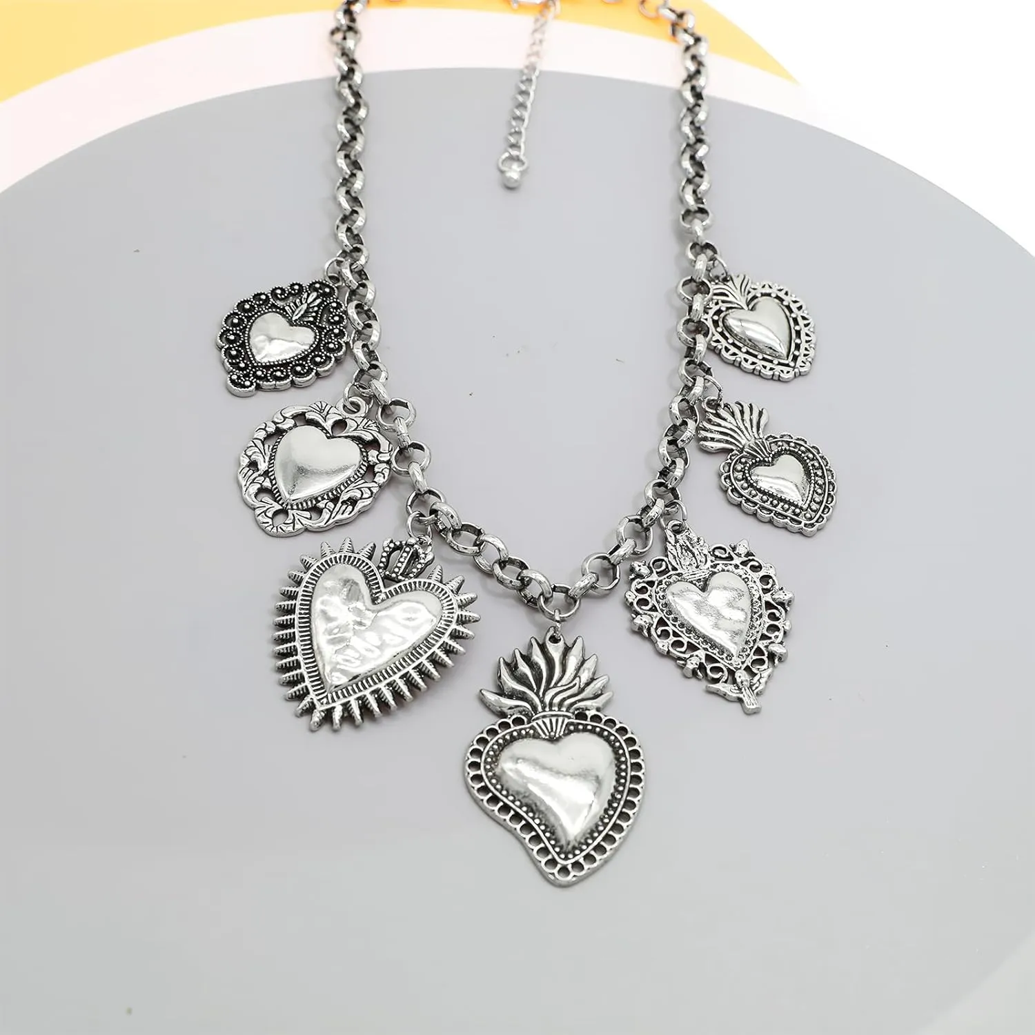 JNF Chunky Layer Heart Charm Necklace for Women Boho Heart Sun Flower Key Coins Charms Necklaces Paperclip Link Chain Necklace Y2K Statement Jewelry