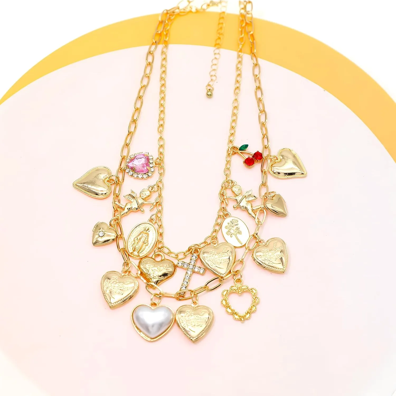 JNF Chunky Layer Heart Charm Necklace for Women Boho Heart Sun Flower Key Coins Charms Necklaces Paperclip Link Chain Necklace Y2K Statement Jewelry
