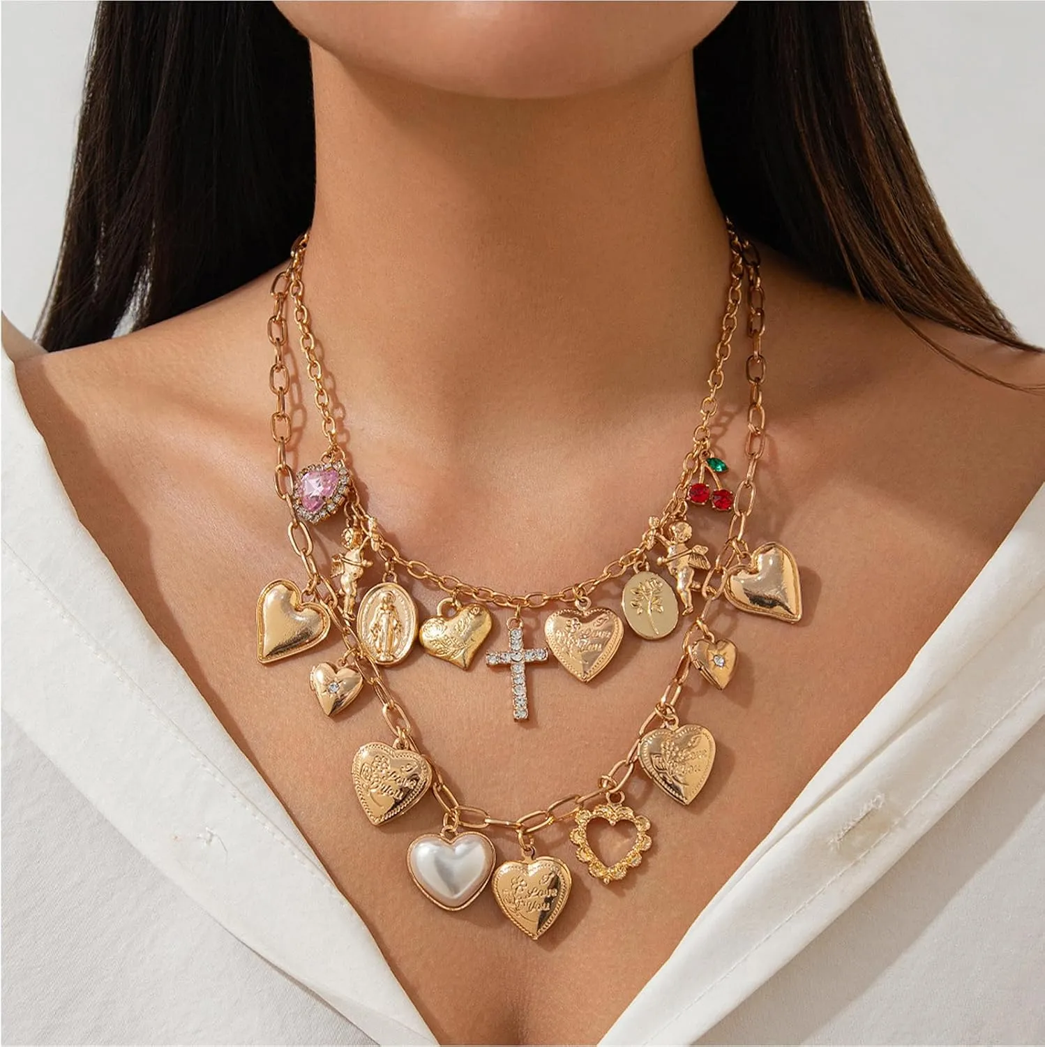 JNF Chunky Layer Heart Charm Necklace for Women Boho Heart Sun Flower Key Coins Charms Necklaces Paperclip Link Chain Necklace Y2K Statement Jewelry