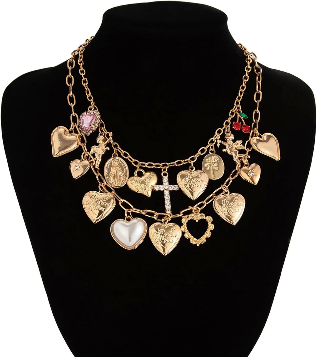 JNF Chunky Layer Heart Charm Necklace for Women Boho Heart Sun Flower Key Coins Charms Necklaces Paperclip Link Chain Necklace Y2K Statement Jewelry