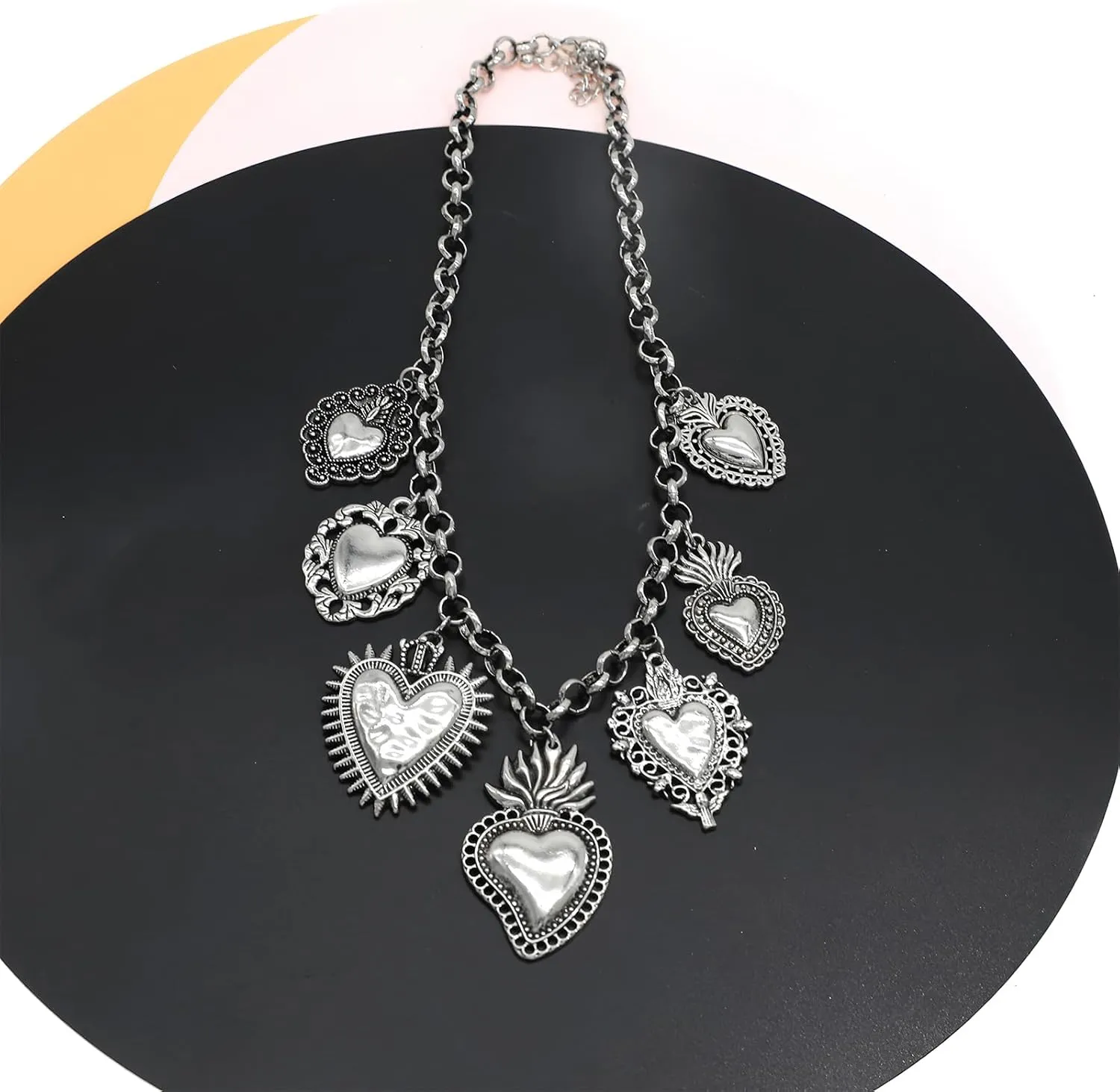 JNF Chunky Layer Heart Charm Necklace for Women Boho Heart Sun Flower Key Coins Charms Necklaces Paperclip Link Chain Necklace Y2K Statement Jewelry