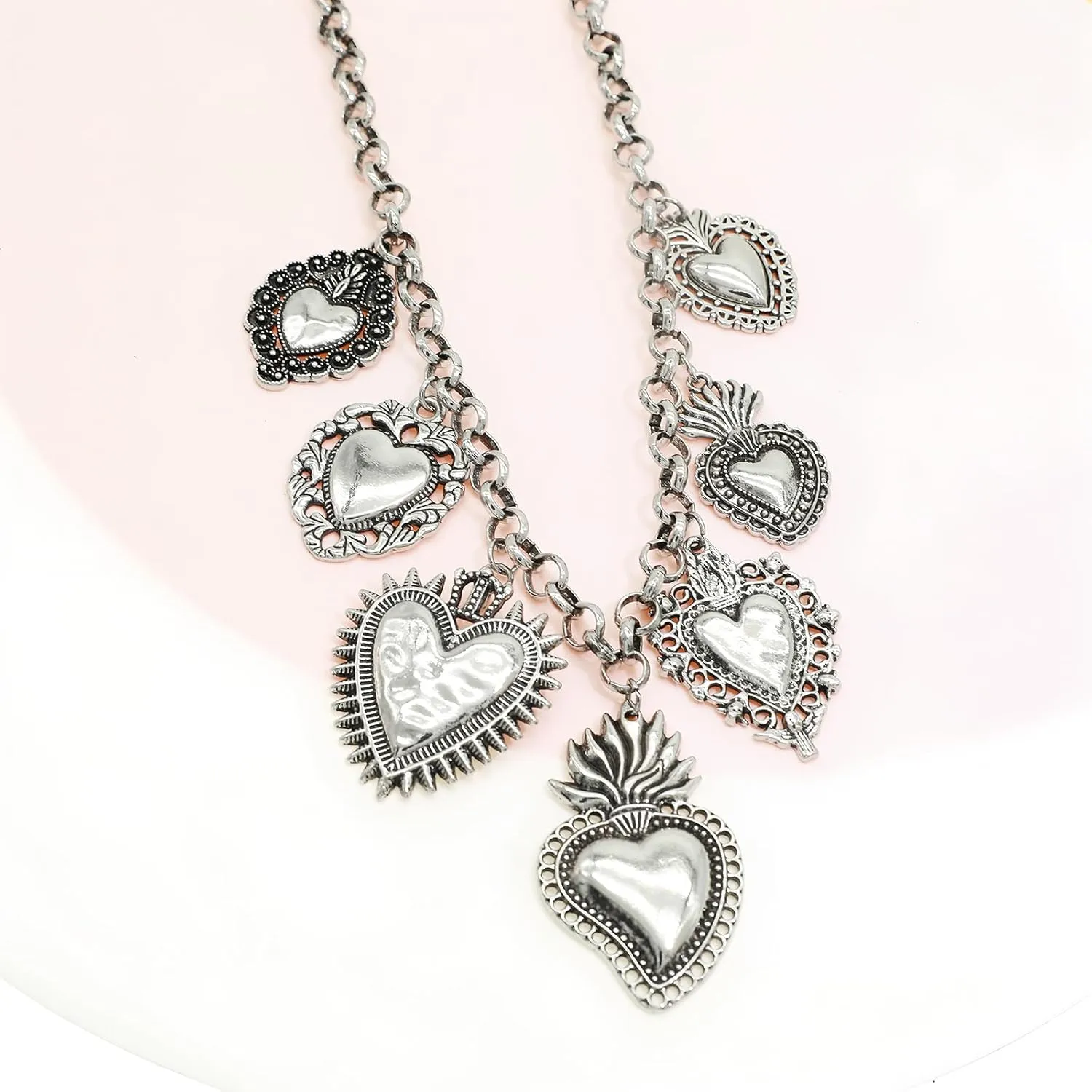 JNF Chunky Layer Heart Charm Necklace for Women Boho Heart Sun Flower Key Coins Charms Necklaces Paperclip Link Chain Necklace Y2K Statement Jewelry