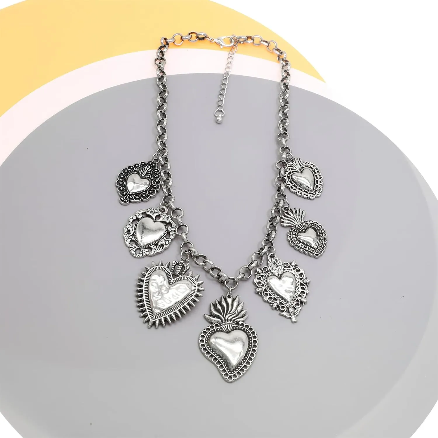 JNF Chunky Layer Heart Charm Necklace for Women Boho Heart Sun Flower Key Coins Charms Necklaces Paperclip Link Chain Necklace Y2K Statement Jewelry