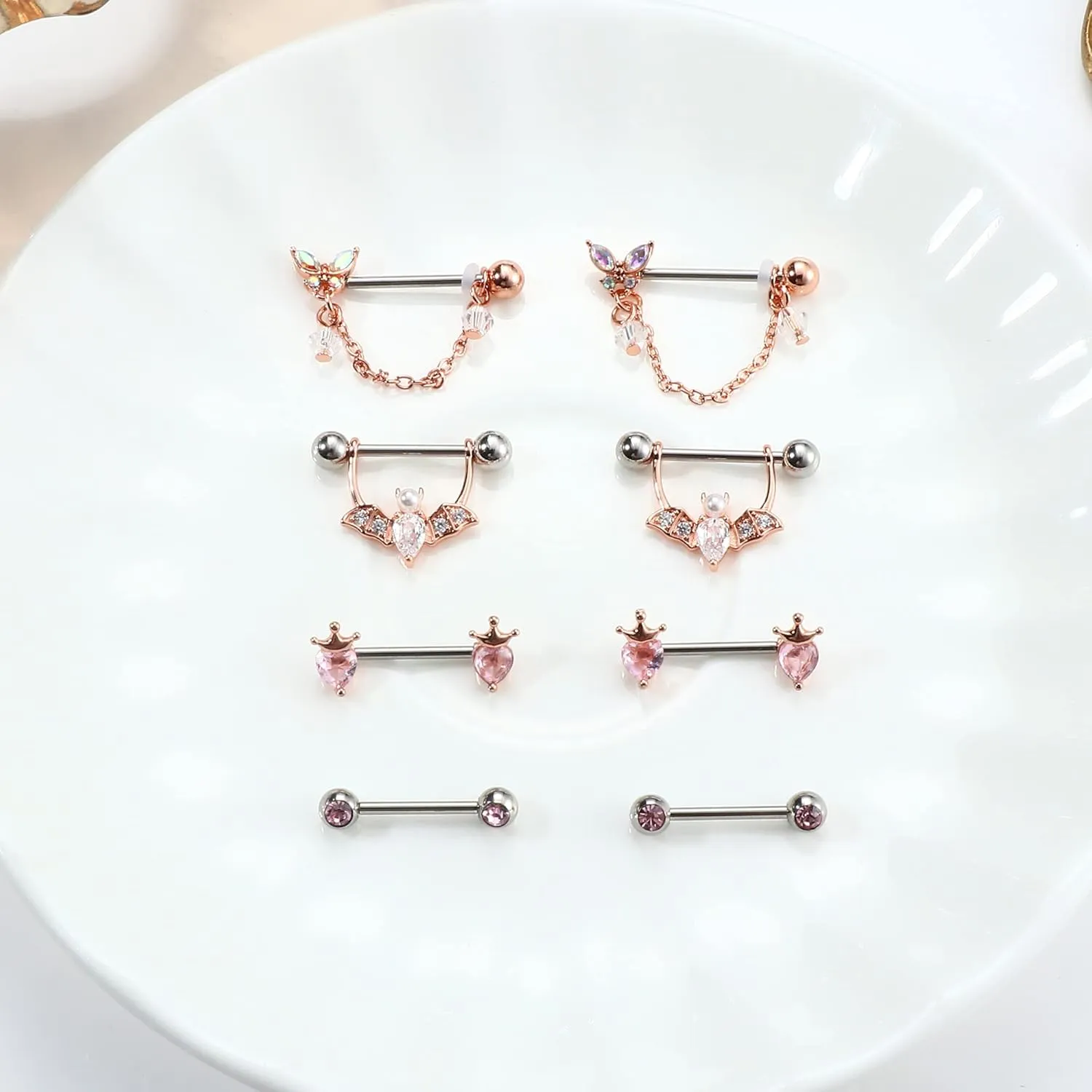 JOERICA 14G Stainless Steel Nipple Rings for Women CZ Butterfly Heart Nipple Rings with Choker Necklace Nipple Barbell Body Piercing Jewelry