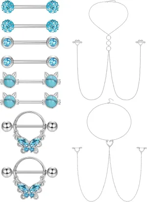 JOERICA 14G Stainless Steel Nipple Rings for Women CZ Butterfly Heart Nipple Rings with Choker Necklace Nipple Barbell Body Piercing Jewelry