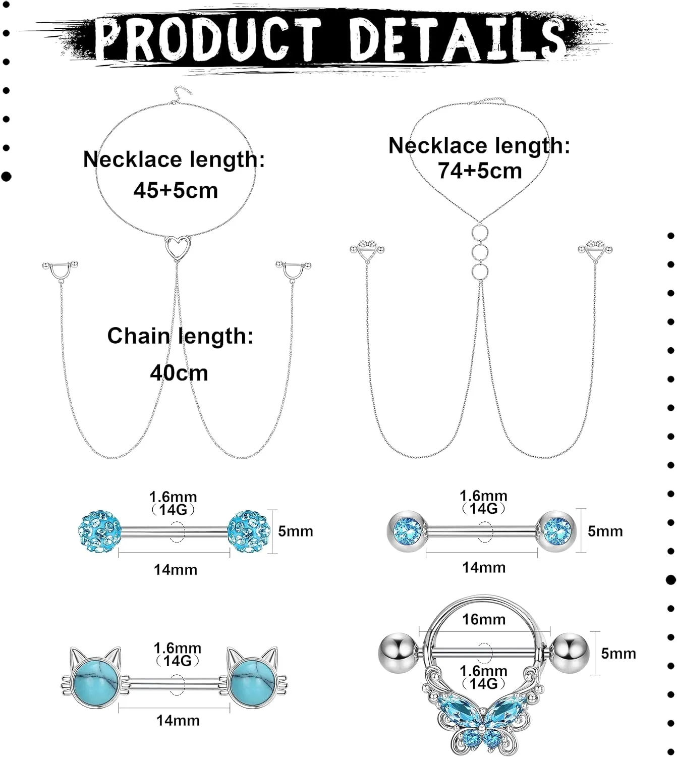 JOERICA 14G Stainless Steel Nipple Rings for Women CZ Butterfly Heart Nipple Rings with Choker Necklace Nipple Barbell Body Piercing Jewelry