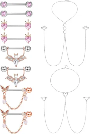 JOERICA 14G Stainless Steel Nipple Rings for Women CZ Butterfly Heart Nipple Rings with Choker Necklace Nipple Barbell Body Piercing Jewelry