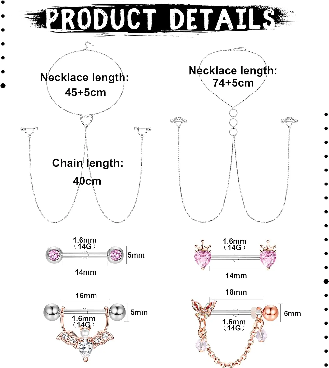 JOERICA 14G Stainless Steel Nipple Rings for Women CZ Butterfly Heart Nipple Rings with Choker Necklace Nipple Barbell Body Piercing Jewelry