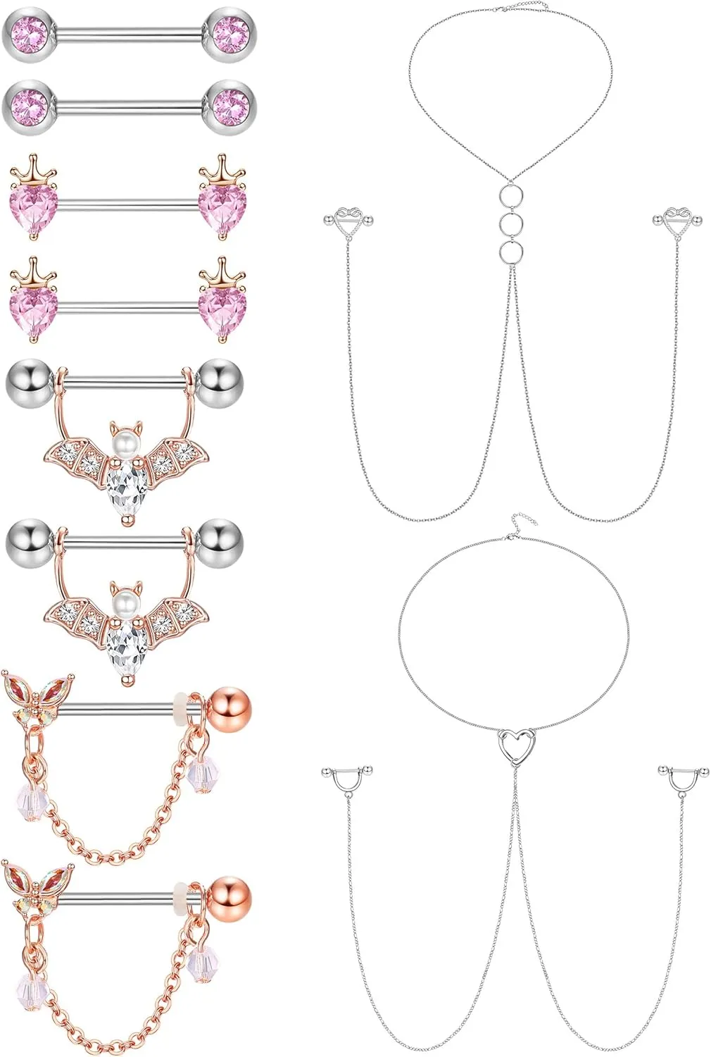 JOERICA 14G Stainless Steel Nipple Rings for Women CZ Butterfly Heart Nipple Rings with Choker Necklace Nipple Barbell Body Piercing Jewelry