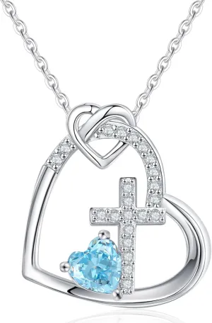 JSJOY Cross Necklace Christian Gifts for Women Heart Birthstone Necklace Religious Birthday Gifts for Mom Daughter Christmas Stocking Stuffers Baptism Confirmation Gifts for Teen Girls