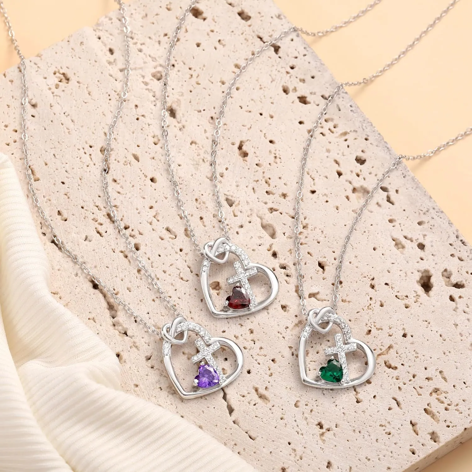 JSJOY Cross Necklace Christian Gifts for Women Heart Birthstone Necklace Religious Birthday Gifts for Mom Daughter Christmas Stocking Stuffers Baptism Confirmation Gifts for Teen Girls