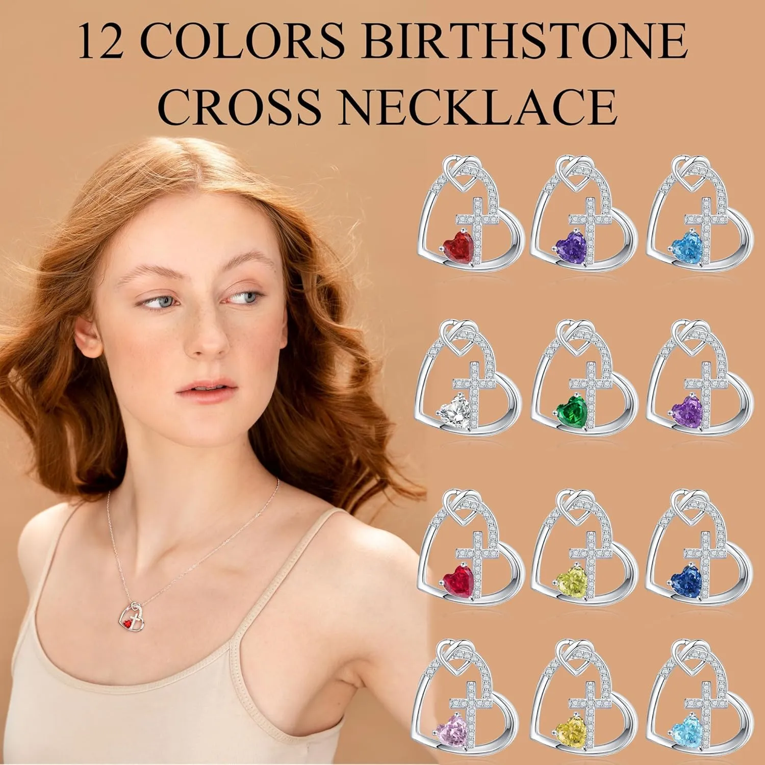 JSJOY Cross Necklace Christian Gifts for Women Heart Birthstone Necklace Religious Birthday Gifts for Mom Daughter Christmas Stocking Stuffers Baptism Confirmation Gifts for Teen Girls