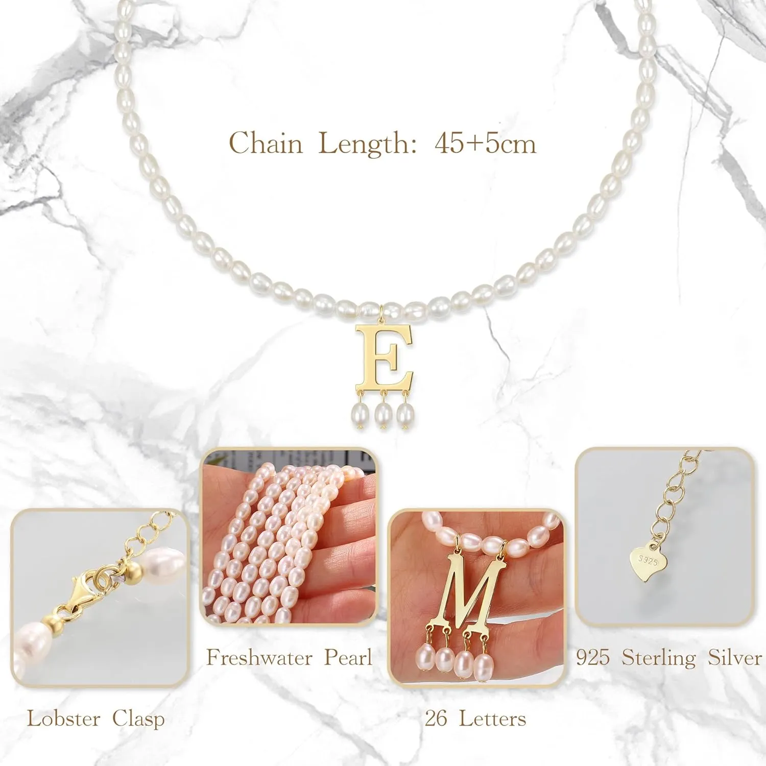 JSJOY Freshwater Pearl Necklace for Women 925 Sterling Silver Gold Initial A-Z Necklaces Anne Boleyn Necklaces Mother's Day Gifts Graduation Gifts 2025 Birthday Gifts for Her