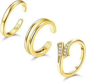 Jstyle 3PCS 14K Gold Filled Toe Rings for Women Adjustable Gold Toe Ring Set Open Band Simple CZ Daisy Flower Toe Rings Hawaiian Summer Beach Foot Jewelry for Women