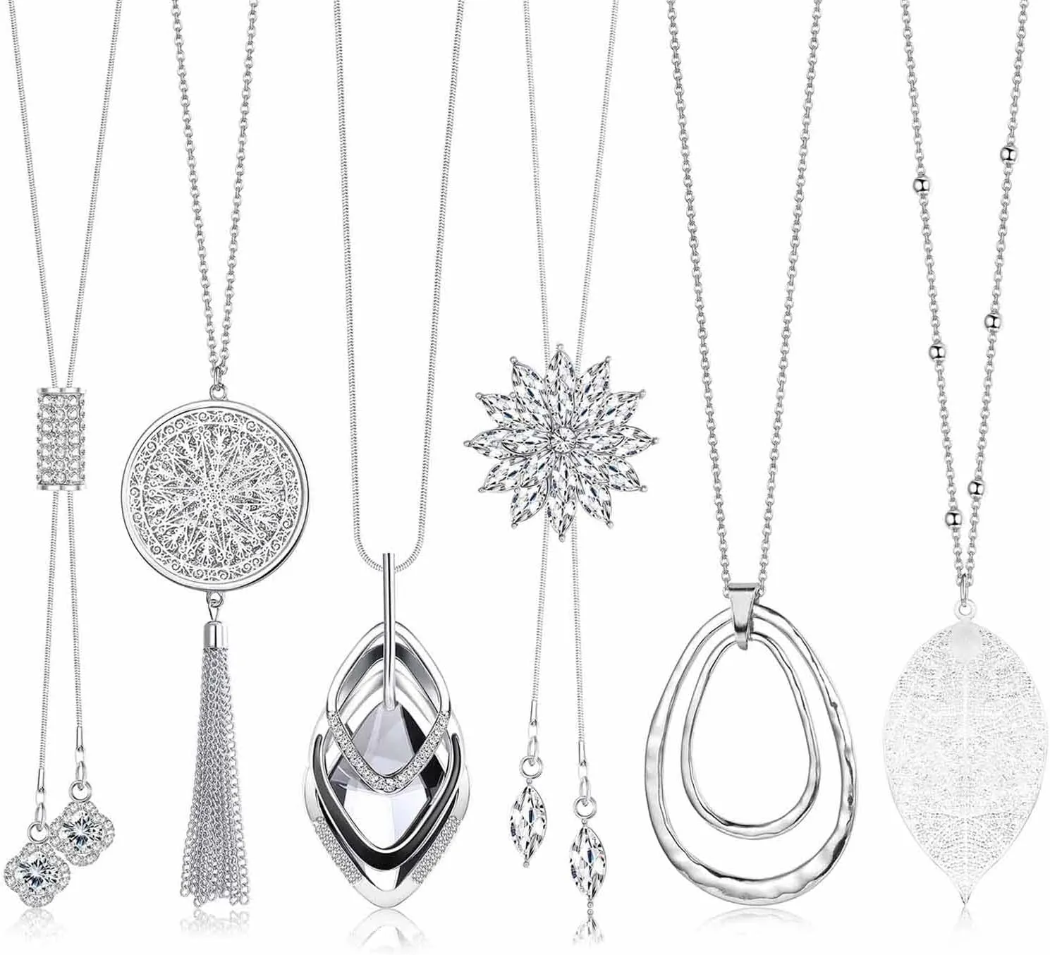 Jstyle 6Pcs Long Pendant Necklaces for Women Long Sweater Necklaces Silver Flower Tassel Disk Circle Leaf Statement Sweater Chain Necklace for Women Y Necklace Set Fashion Jewelry