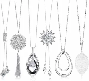 Jstyle 6Pcs Long Pendant Necklaces for Women Long Sweater Necklaces Silver Flower Tassel Disk Circle Leaf Statement Sweater Chain Necklace for Women Y Necklace Set Fashion Jewelry