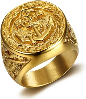 JWM Stainless Steel Ship Anchor Rings Golden Large Rings for Men Women Adults, Cocktail Party Rings, Delicate Packaging