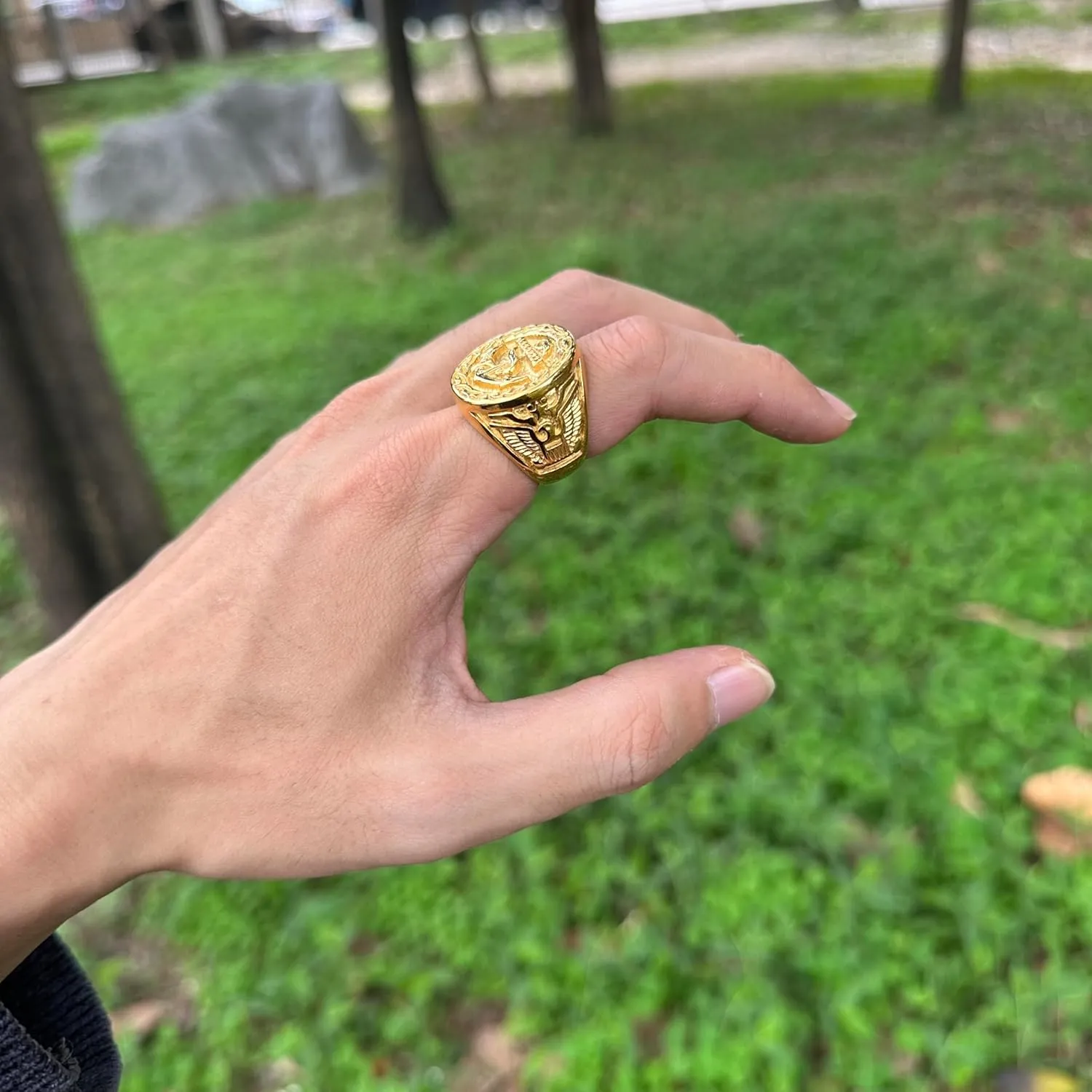 JWM Stainless Steel Ship Anchor Rings Golden Large Rings for Men Women Adults, Cocktail Party Rings, Delicate Packaging