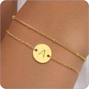 KAERUN Gold Initial Bracelets for Women Non Tarnish 14K Gold Filled Dainty Initial Letter Gold Bracelet Stack Personalized Coin Disc Charm Bracelets Waterproof Gold Jewelry Gifts