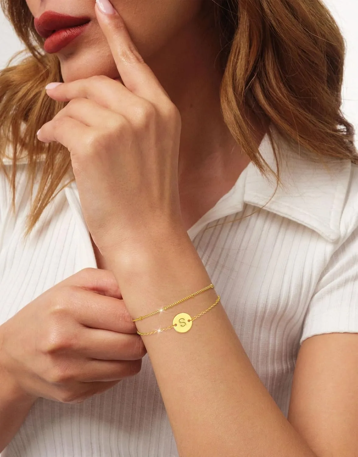 KAERUN Gold Initial Bracelets for Women Non Tarnish 14K Gold Filled Dainty Initial Letter Gold Bracelet Stack Personalized Coin Disc Charm Bracelets Waterproof Gold Jewelry Gifts